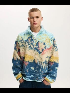 Cotton On Blue Multi Mountains Quarter Zip Teddy Fleece Size XL, New W/ Tag!
